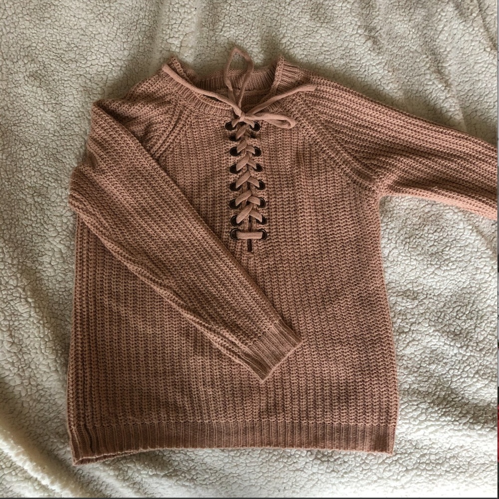 Blush Pink Knit Sweater with Lace-Up Front